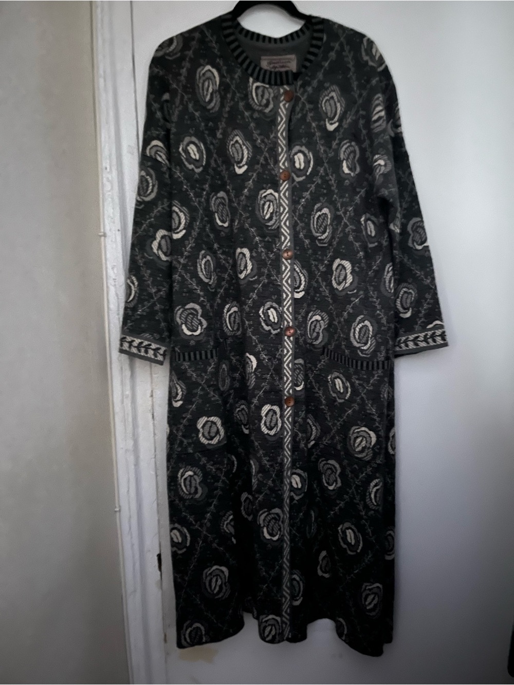 Gudrun Sjoden gray floral wool/ organic cotton sweater coat